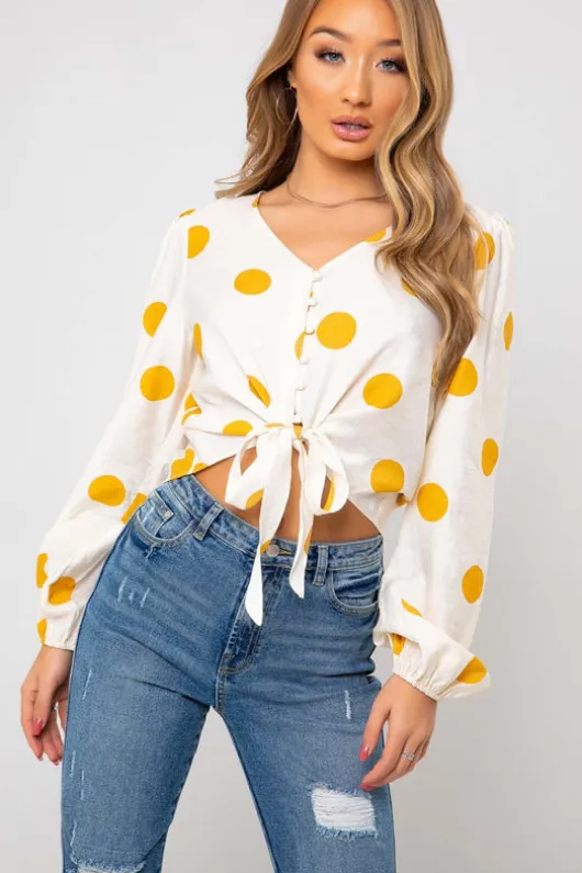 Canary Mustard Spot Tie Front Top
