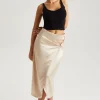 Champagne Satin Side Knot Midi Skirt