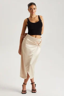 Champagne Satin Side Knot Midi Skirt