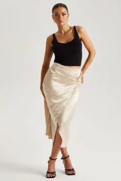 Champagne Satin Side Knot Midi Skirt