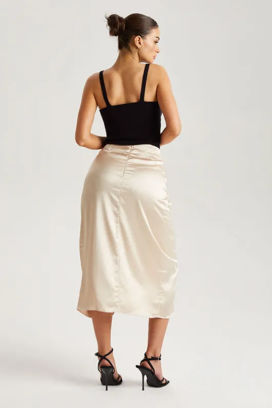 Champagne Satin Side Knot Midi Skirt