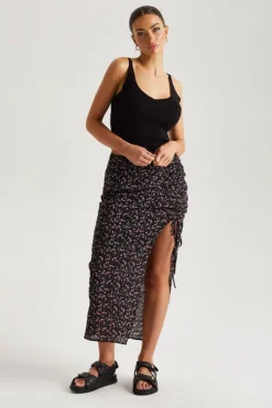 Chiffon Floral Ruched Side Midi Skirt