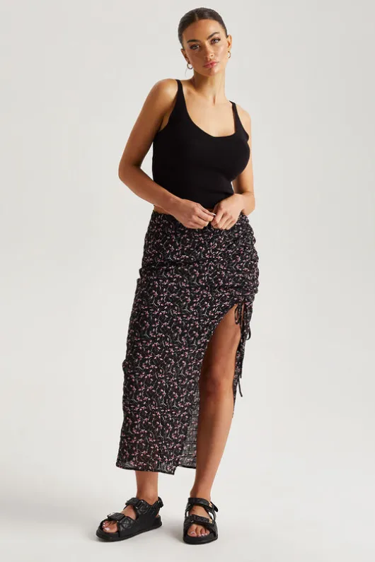 Chiffon Floral Ruched Side Midi Skirt