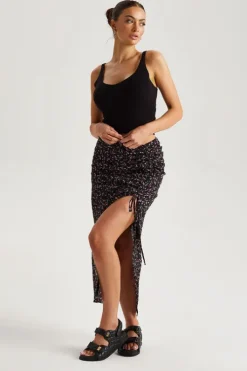 Chiffon Floral Ruched Side Midi Skirt