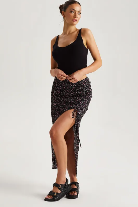 Chiffon Floral Ruched Side Midi Skirt