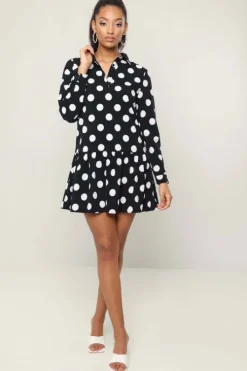Cleo Black Spot Frill Mini Shirt Dress