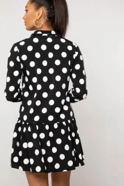 Cleo Black Spot Frill Mini Shirt Dress