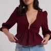 Collette Burgundy U Bar Empire Peplum Top