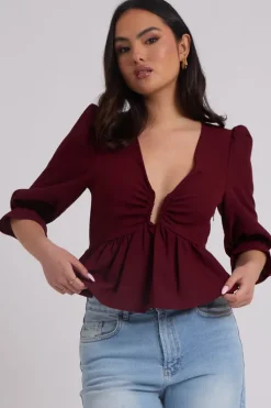 Collette Burgundy U Bar Empire Peplum Top