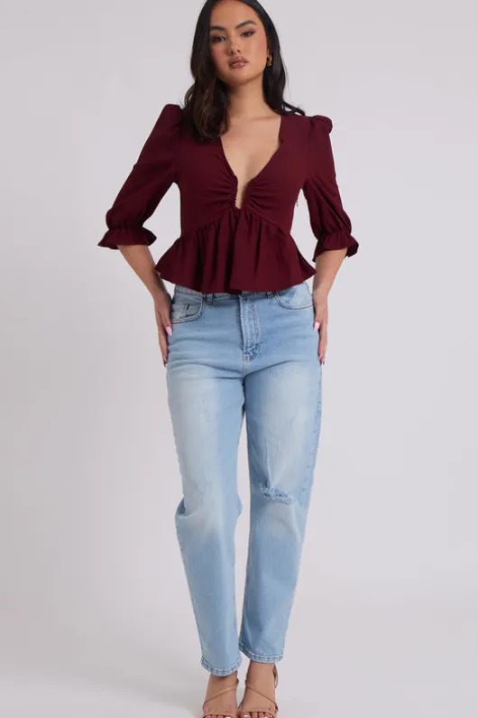 Collette Burgundy U Bar Empire Peplum Top