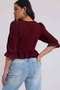 Collette Burgundy U Bar Empire Peplum Top