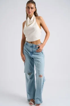 Cream Halter Cowl Neck Top