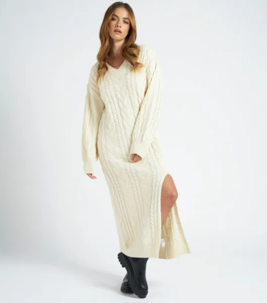 Cream Midaxi V Neck Dress