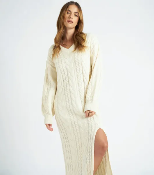 Cream Midaxi V Neck Dress