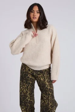 Cream Ribbed Oversized Half Zip Jumper