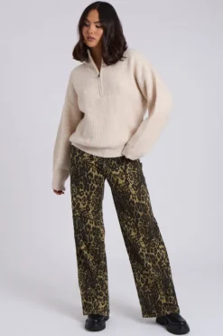 Cream Ribbed Oversized Half Zip Jumper