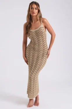 Crochet Metallic Stripe Maxi Dress