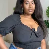 Curve Tie Front Black Shirred Top