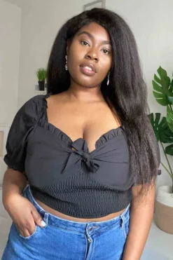 Curve Tie Front Black Shirred Top