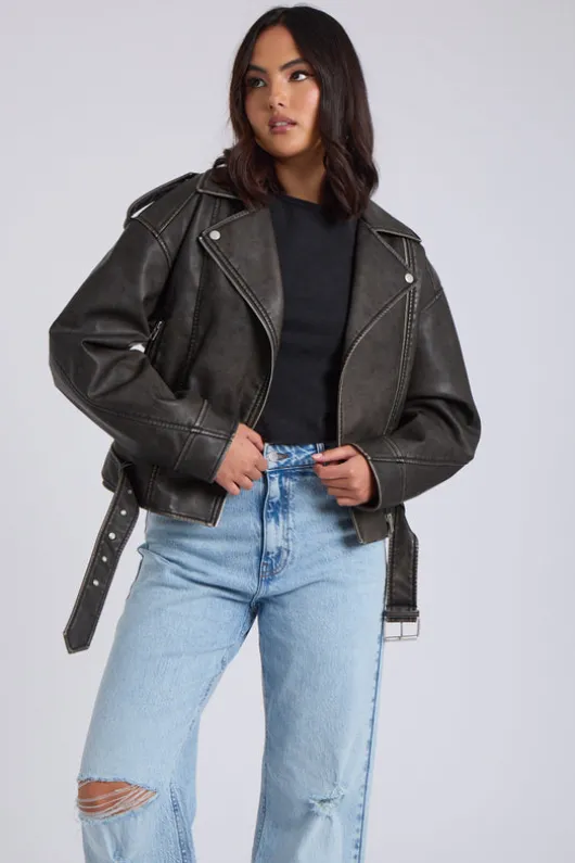 Distressed PU Biker Jacket