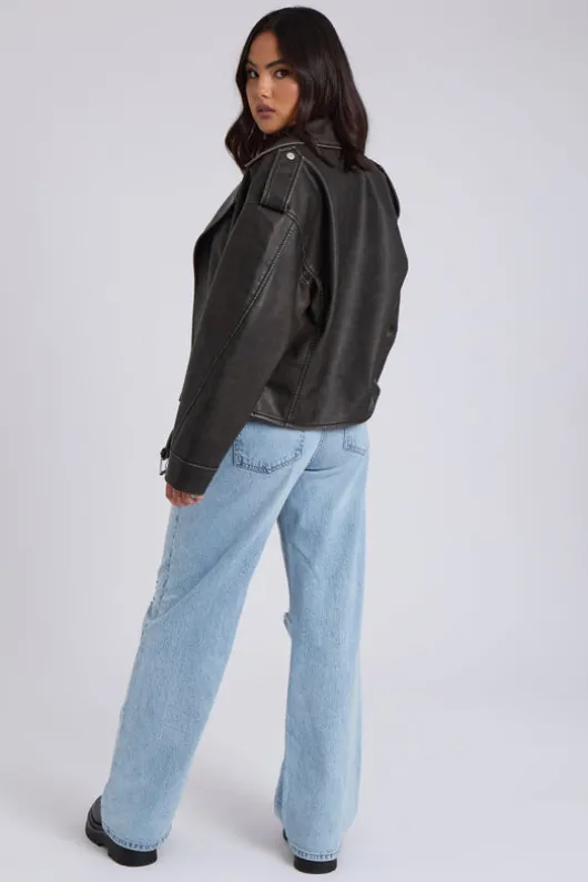 Distressed PU Biker Jacket