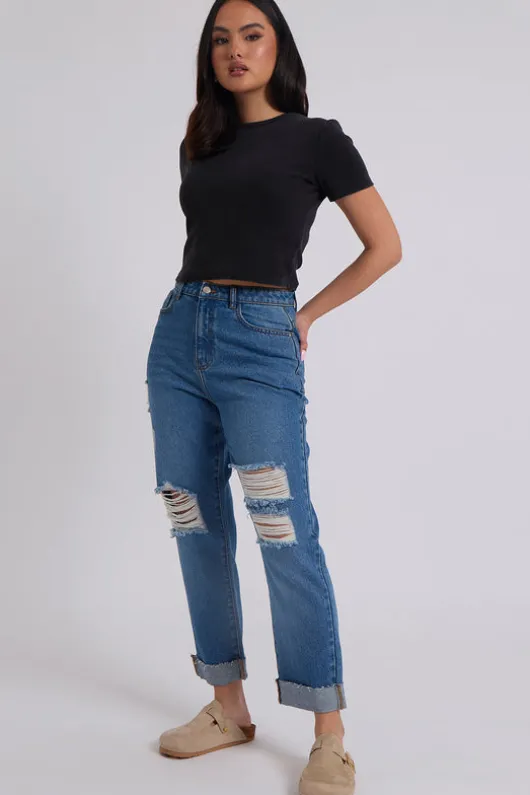 Elliott Mid Blue Ripped Mom Jeans