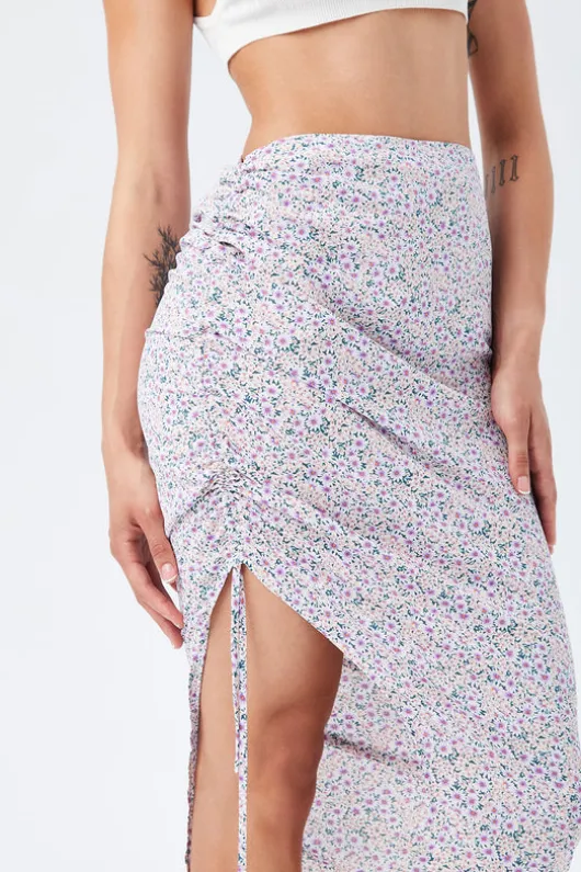 Floral Drawstring Side Midi Skirt