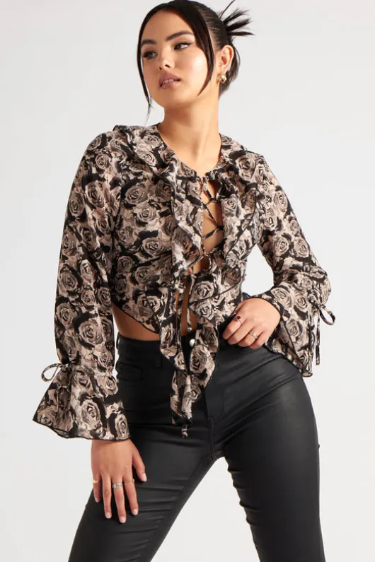 Floral Lattice Front Ruffle Top