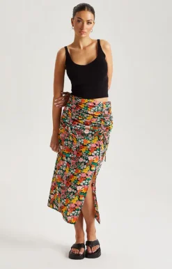 Floral Ruched Midi Skirt