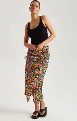 Floral Ruched Midi Skirt
