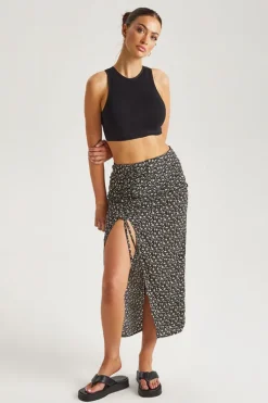 Floral Ruched Side Midi Skirt