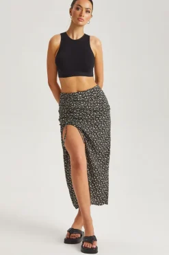 Floral Ruched Side Midi Skirt