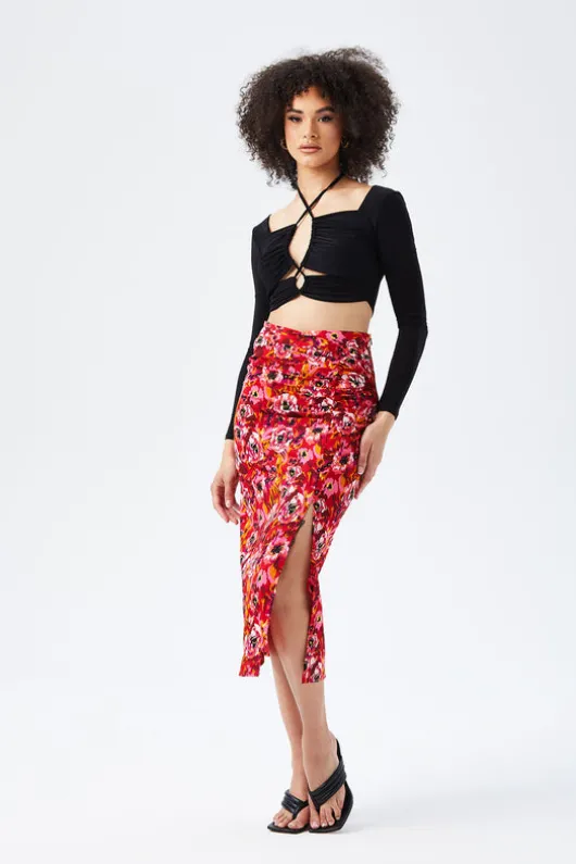 Fuschia Gathered Detail Midi Skirt