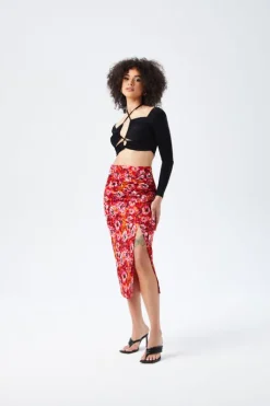Fuschia Gathered Detail Midi Skirt