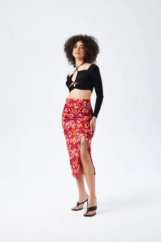 Fuschia Gathered Detail Midi Skirt