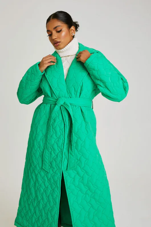 Green Longline Quilted Belted Jacket