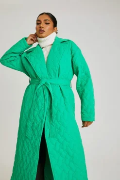 Green Longline Quilted Belted Jacket