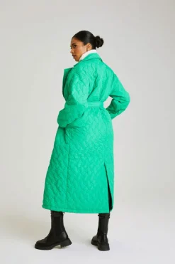 Green Longline Quilted Belted Jacket