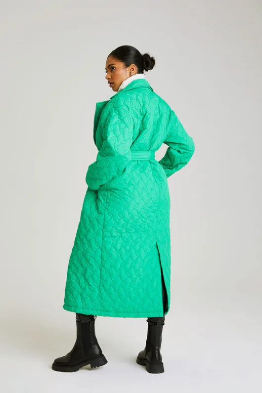 Green Longline Quilted Belted Jacket