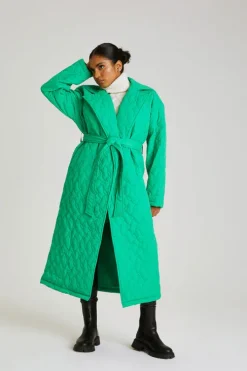 Green Longline Quilted Belted Jacket