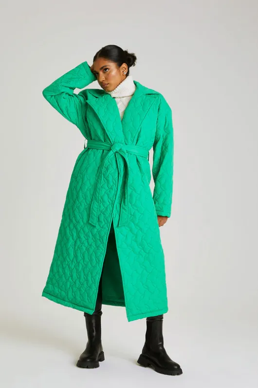 Green Longline Quilted Belted Jacket