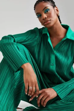 Green Plisse Oversized Shirt