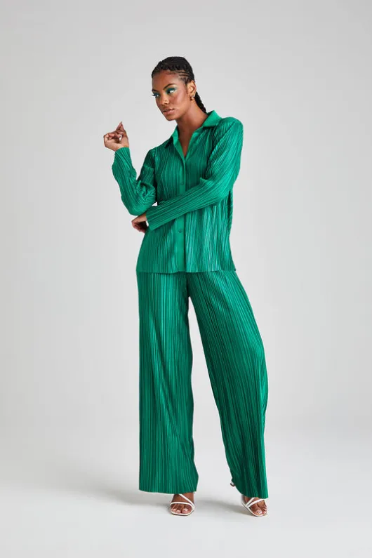 Green Plisse Wide Leg Trousers