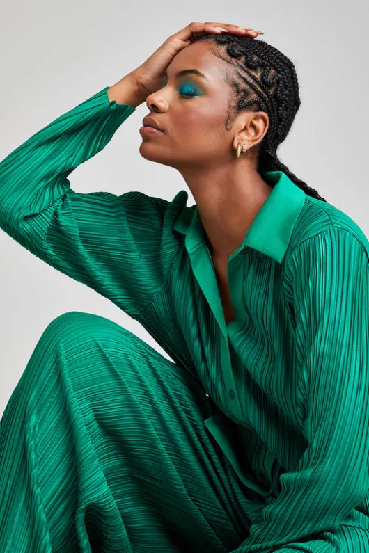 Green Plisse Wide Leg Trousers