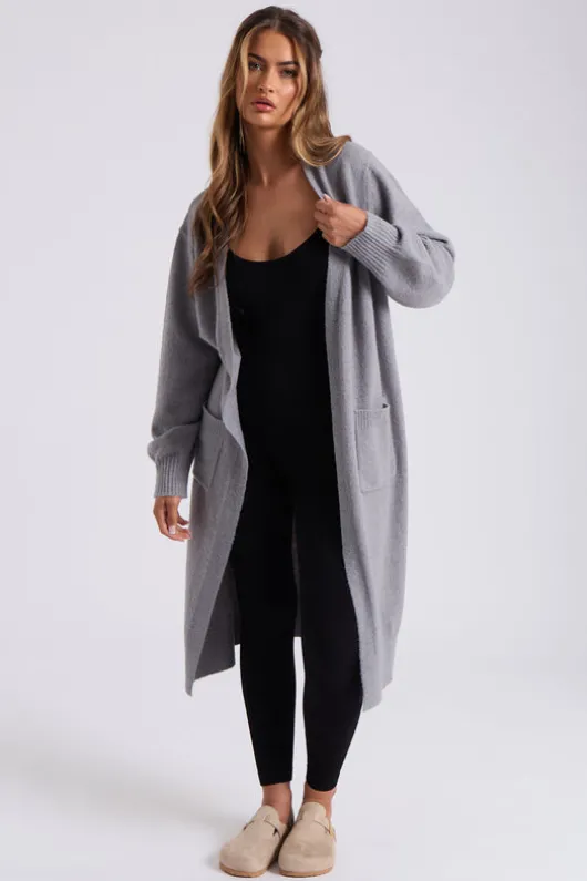 Grey Longline Patch Pocket Cardi
