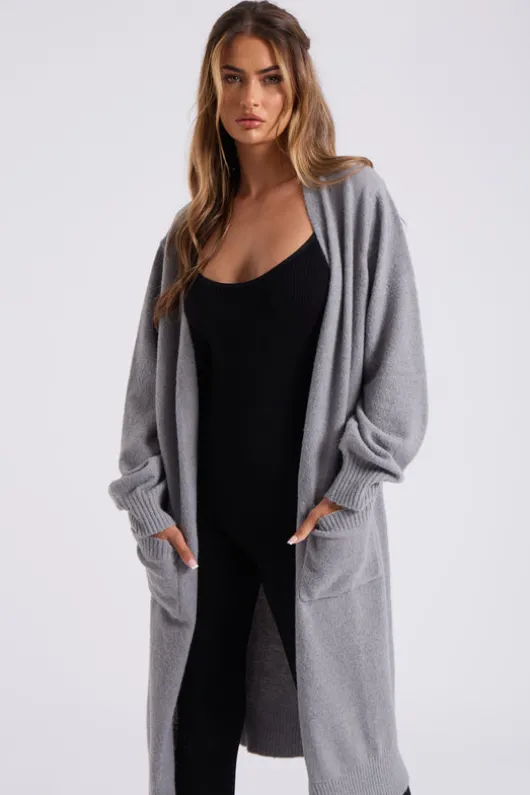 Grey Longline Patch Pocket Cardi