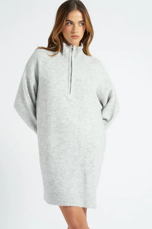 Grey Plain Oversized Half Zip Dress