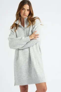 Grey Plain Oversized Half Zip Dress