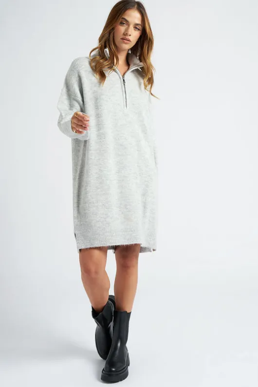 Grey Plain Oversized Half Zip Dress
