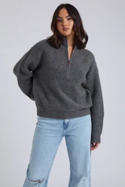 Grey Ribbed Oversized Half Zip Jumper